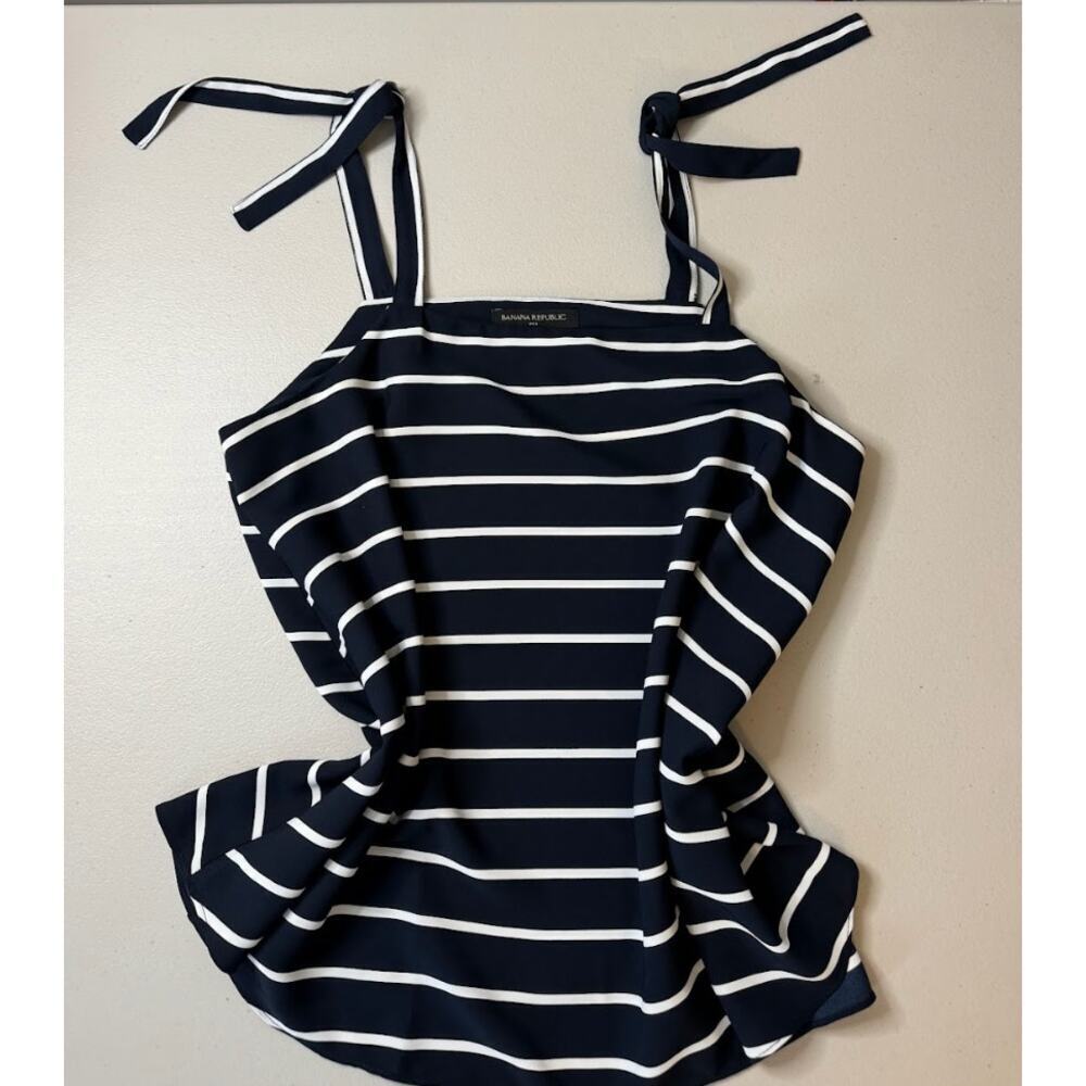 Nautical Banana Republic Medium Tie Strap Silky Tank Top Navy White Stripe